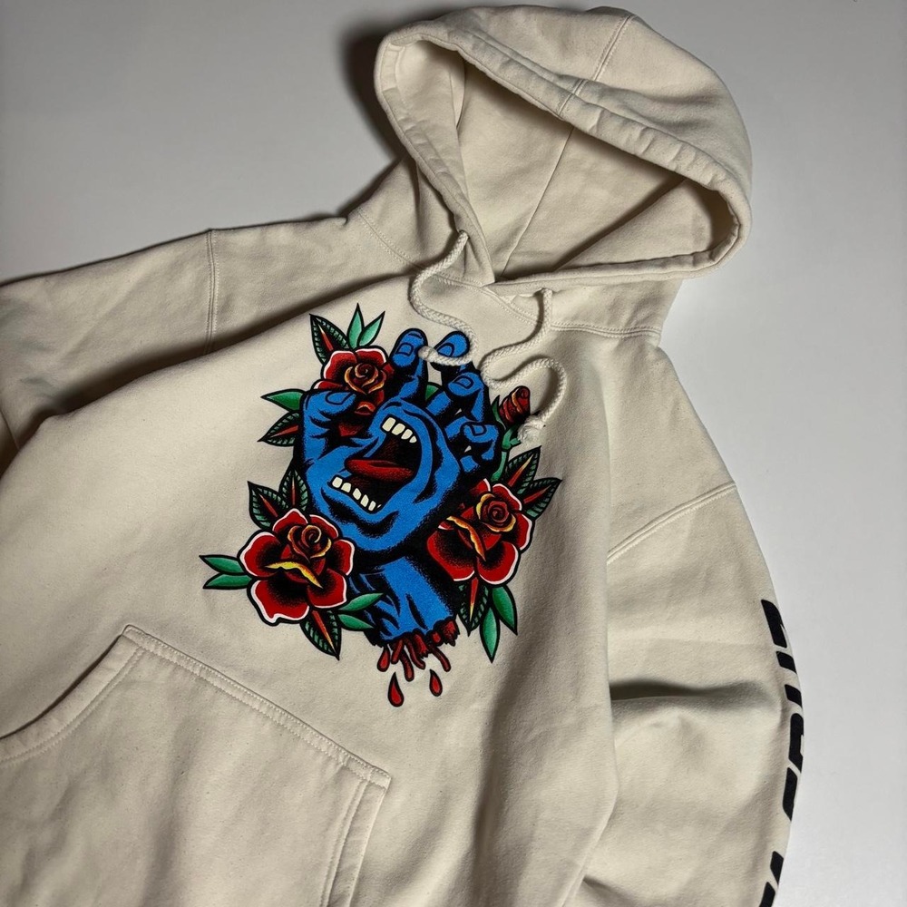 Cream Santa Cruz Screaming Hand Roses Hoodie - Size M - Picture 2 of 7